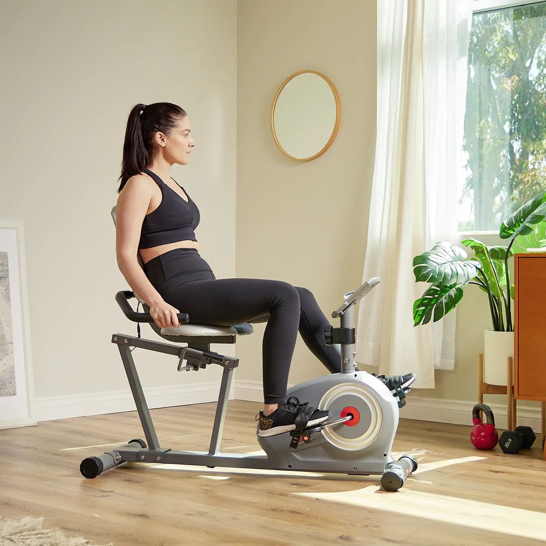 Sunny Health & Fitness Essentials Series Magnetic Smart Recumbent Bike with Exclusive SunnyFit® App Enhanced Bluetooth Connectivity SF-RB422003