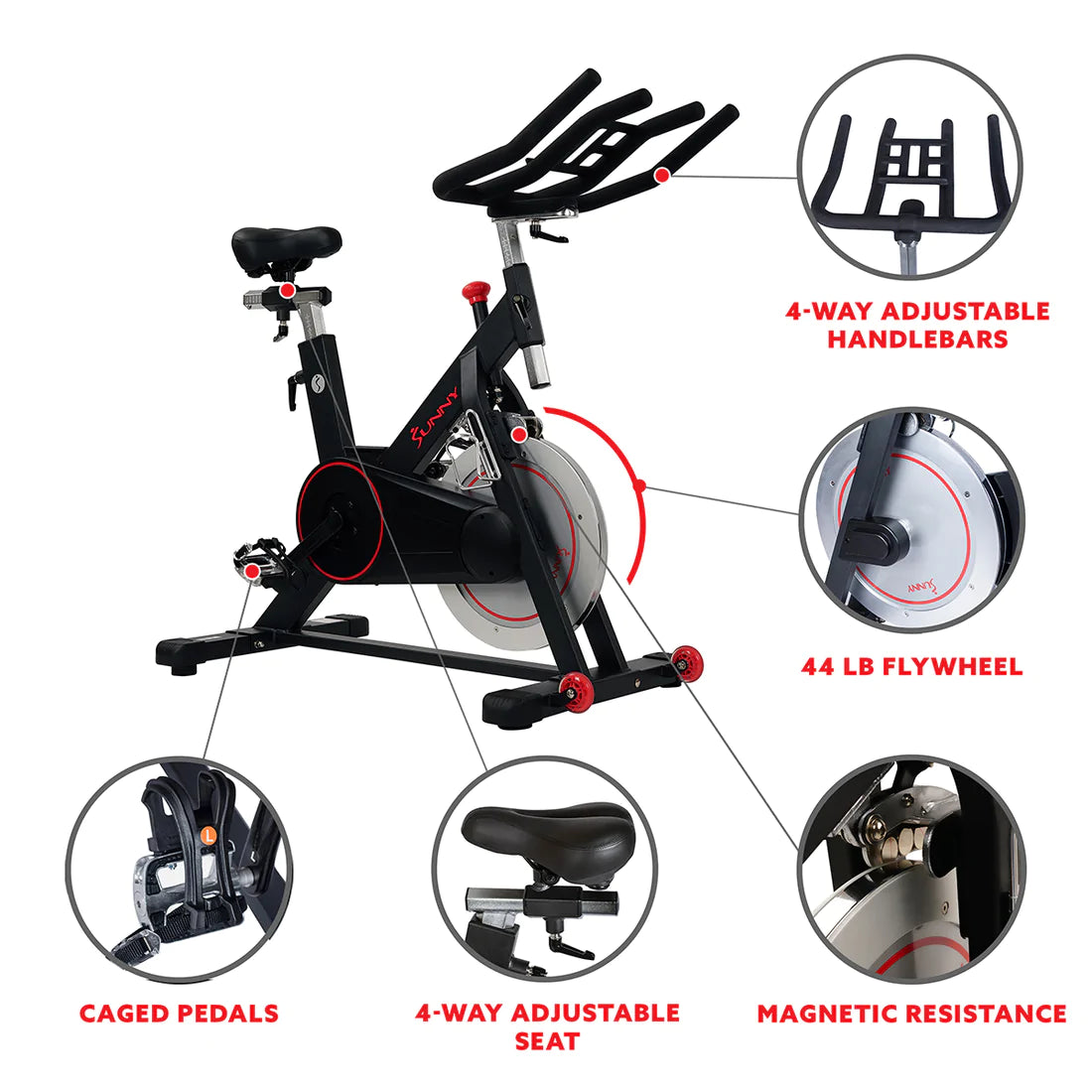 Sunny Health & Fitness Magnetic Belt Drive Indoor Cycling Bike with 44 lb Flywheel and Large Device Holder - SF-B1805