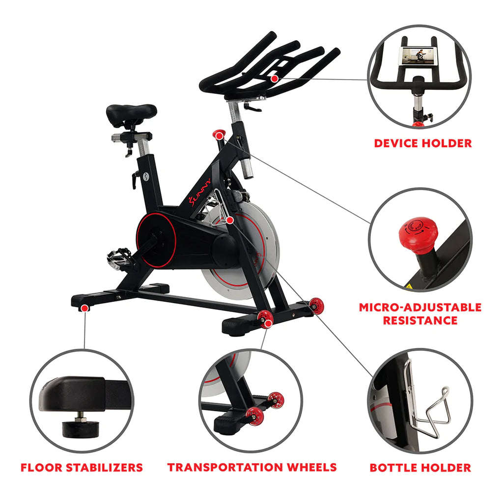 Sunny Health & Fitness Magnetic Belt Drive Indoor Cycling Bike with 44 lb Flywheel and Large Device Holder - SF-B1805