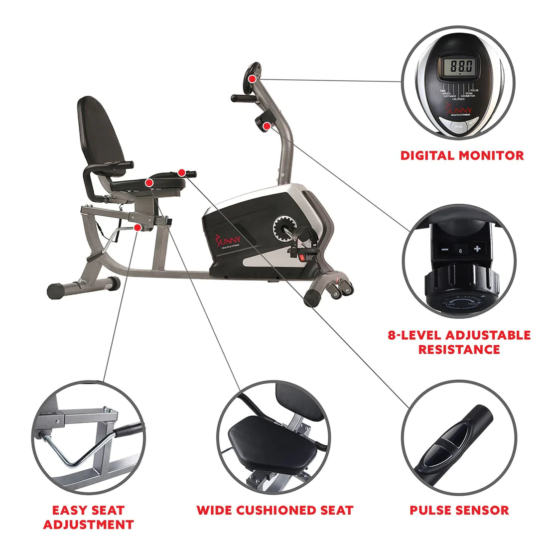 Sunny Health & Fitness Magnetic Recumbent Exercise Bike, 300 lb Capacity & Adjustable Seat SF-RB4616