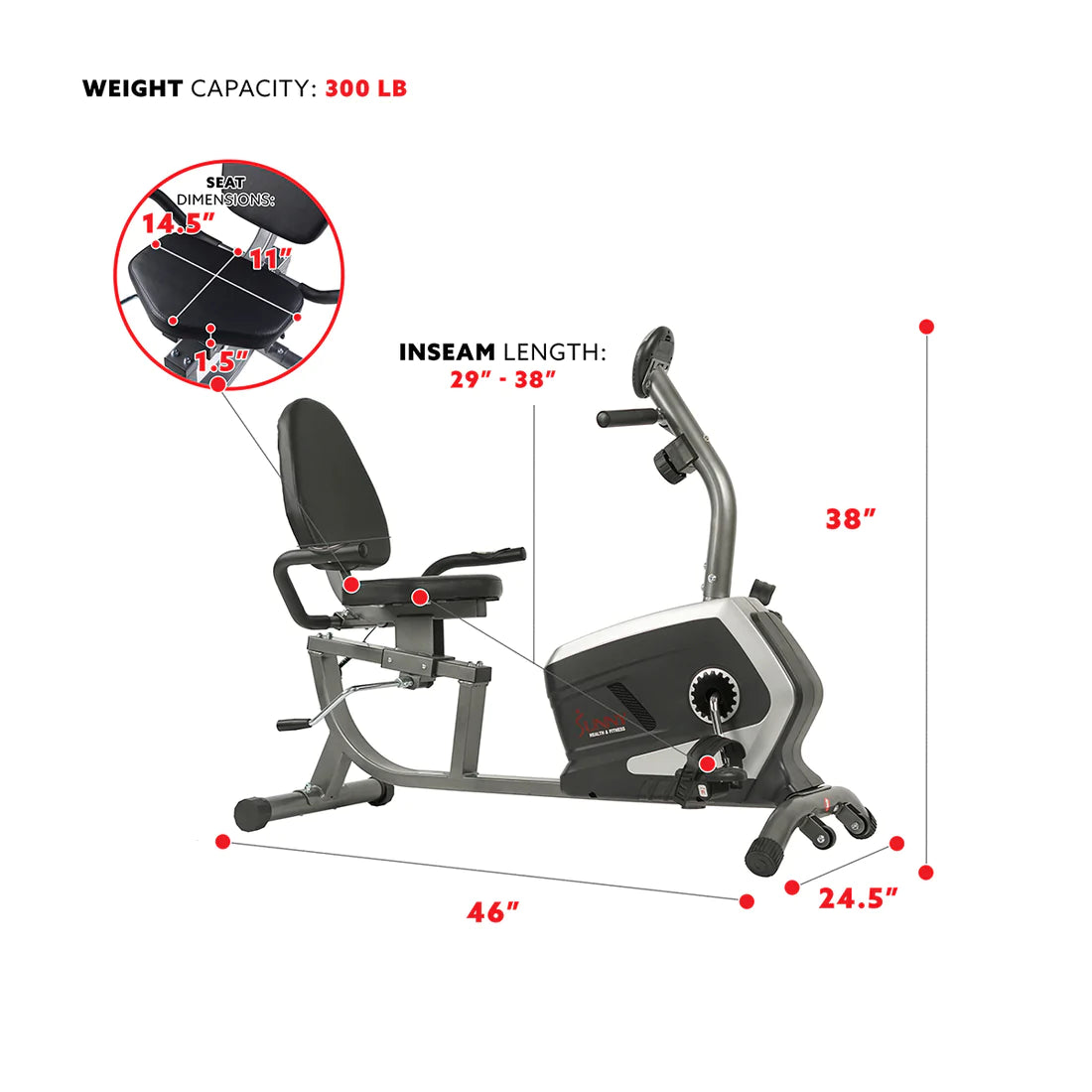 Sunny Health & Fitness Magnetic Recumbent Exercise Bike, 300 lb Capacity & Adjustable Seat SF-RB4616