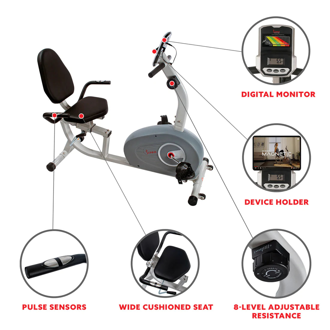 Sunny Health & Fitness Magnetic Recumbent Exercise Bike SF-RB4905