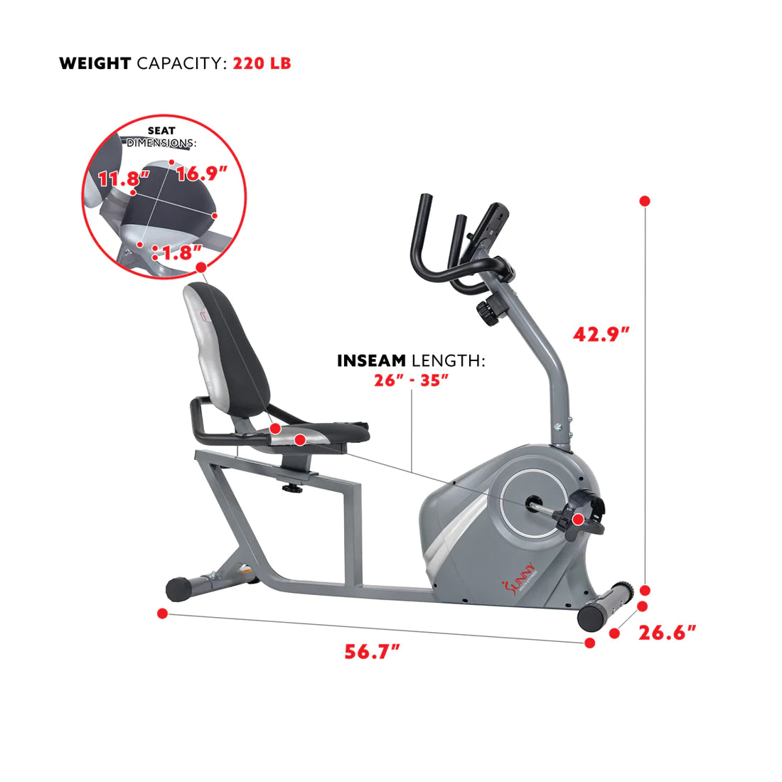 Sunny Health & Fitness Magnetic Recumbent Bike - SF-RB4876